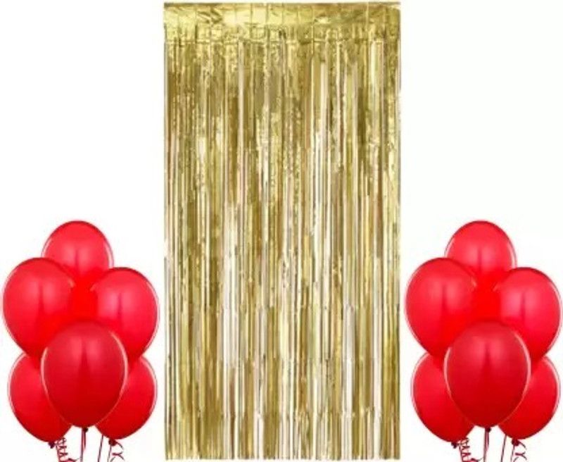 Krishna Creations Happy Birthday Set (1 Gold Curtain, 20 Red Balloons)  (Set of 21)