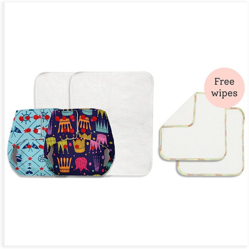 Basic Pack of 2 Reusable Freesize Cloth diapers with 2 dry feel inserts + 2 Reusable Wipes | Option 5