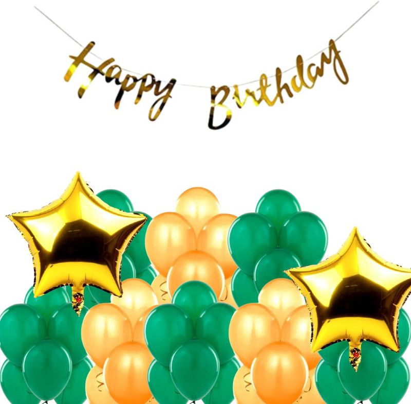 B4 Birthday Combo Gold Bunting + 30 Green+Gold Balloon +2 Gold Star  (Set of 33)