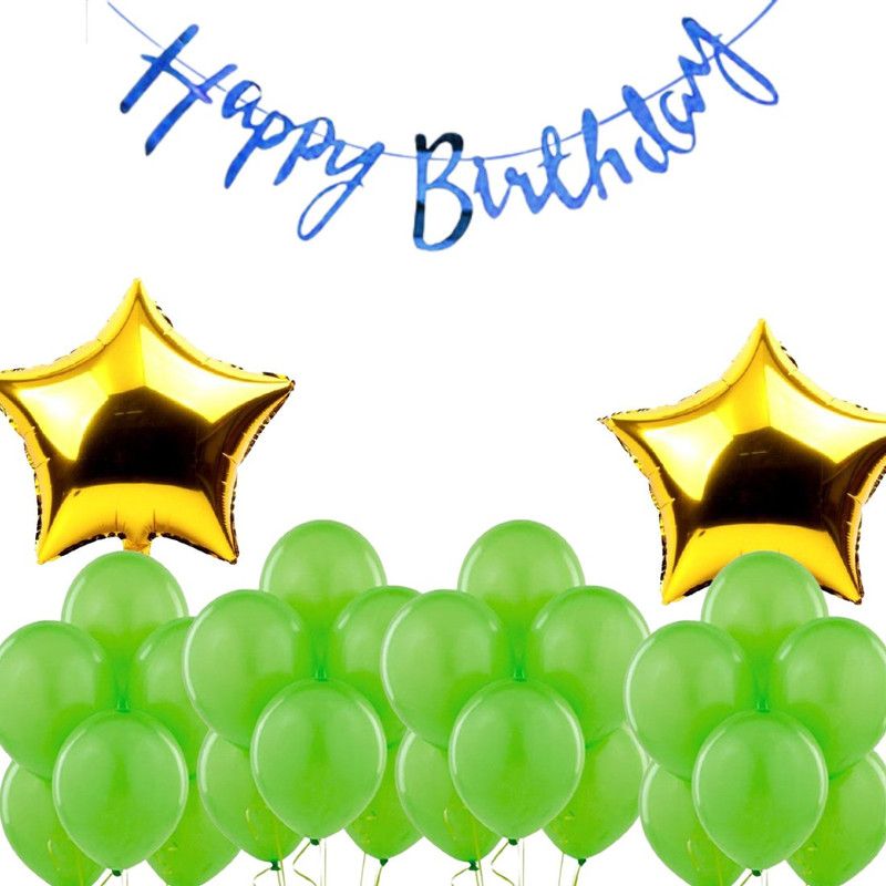B4 Birthday Combo Blue Bunting + 30 Light Green Balloon +2 Gold Star  (Set of 33)