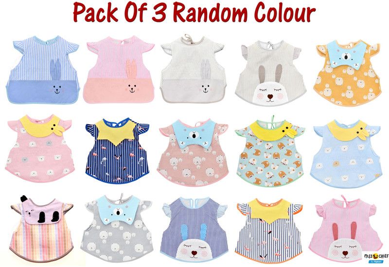 Miss & Chief Baby T-shirt Bibs/Apron with tying robe |Soft Cotton Fabric with PVC on Back/Quick Absorption & Fast Drying| Cute Prints for Babies/ Infants (Bib Wow, Pack Of 3)  (Multicolor)