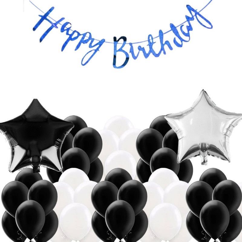 B4 Birthday Combo Blue Bunting + 30 White+Black Balloon +2 Black,Silver Star  (Set of 33)