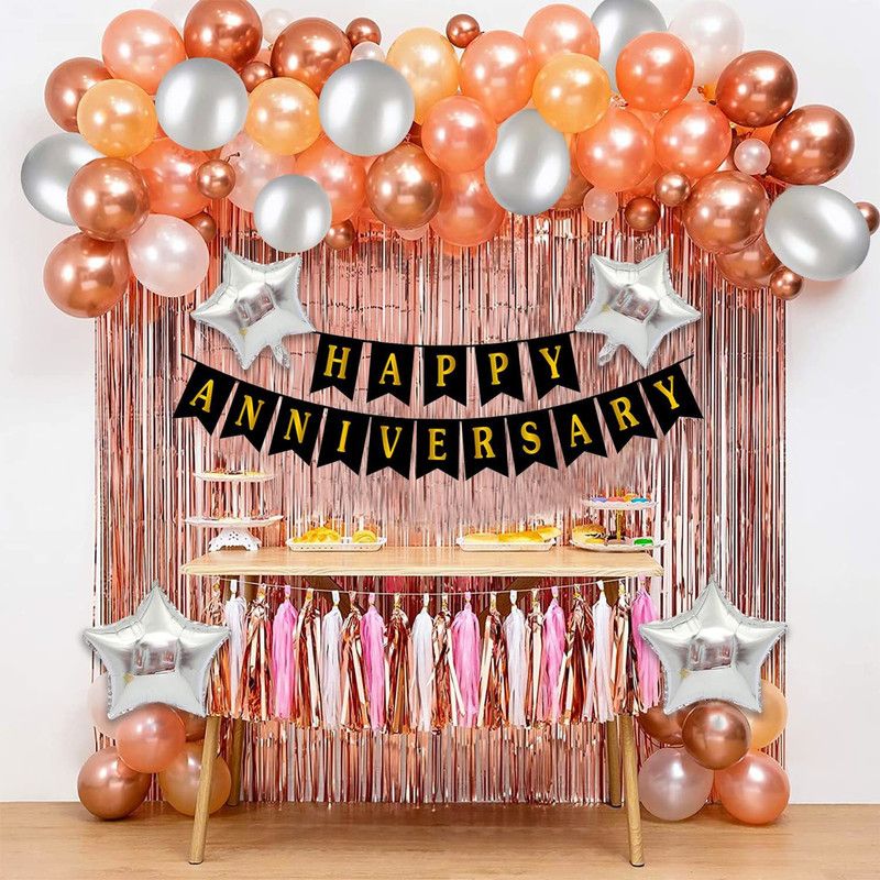 SensibleDecoraters Happy Anniversary Kit For Home -31 Items Rose Gold Combo Set Bunting, Curtains  (Set of 31)