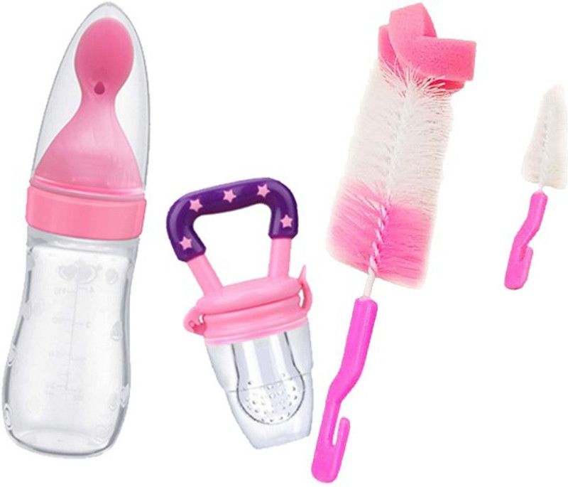 ITSYYBOO SILICONE SPOON BOTTLE + FRUIT NIBBLER + FEEDER BRUSH FOR BABY GIRL PINK COLOR - SILICONE, PLASTIC  (PINK)