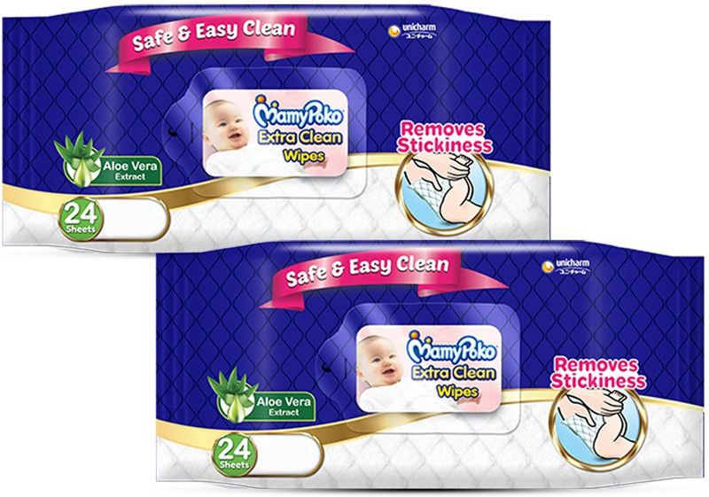 MamyPoko Wipes Extra Clean Baby With Aloe vera Extract 24 Sheets (Pack of 2)  (2 Wipes)
