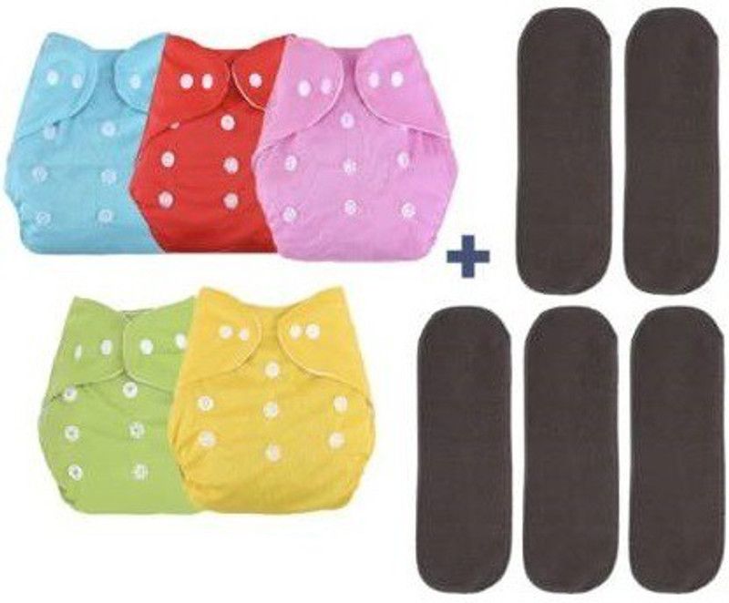 budum budum BABY WASHABLE,REUSEABLE COMFORTABLE SOFT FABRICBUTTON DIAPERS WITH FIVE INSERTS COMBO PACK - MULTICOLORS - GREY