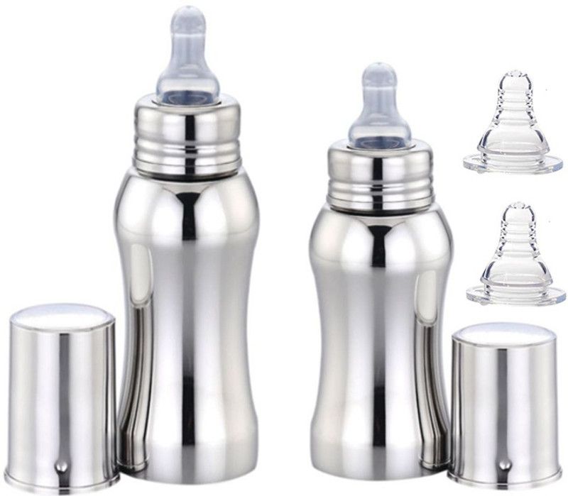 Beautiq Baby Collections Stainless Steel Baby Feeding Bottle Combo(Pack of 2) 300ml and 220ml with 2 Additional Nipples - 520 ml  (Silver)