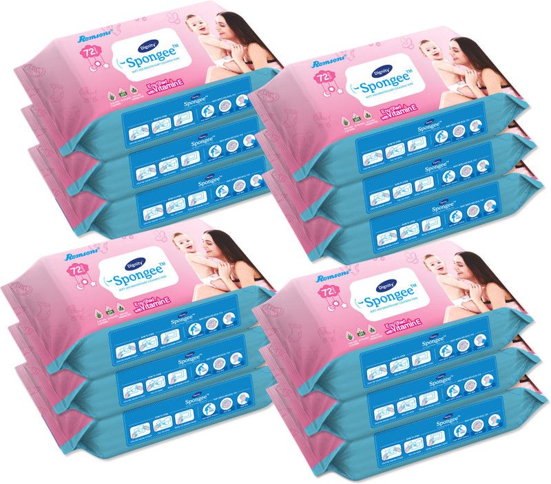Dignity Spongee Baby Wet Wipes, 150 x 200 mm, 72 Wipes/Pack (White, Pack of 12, 864 Wipes)  (864 Wipes)