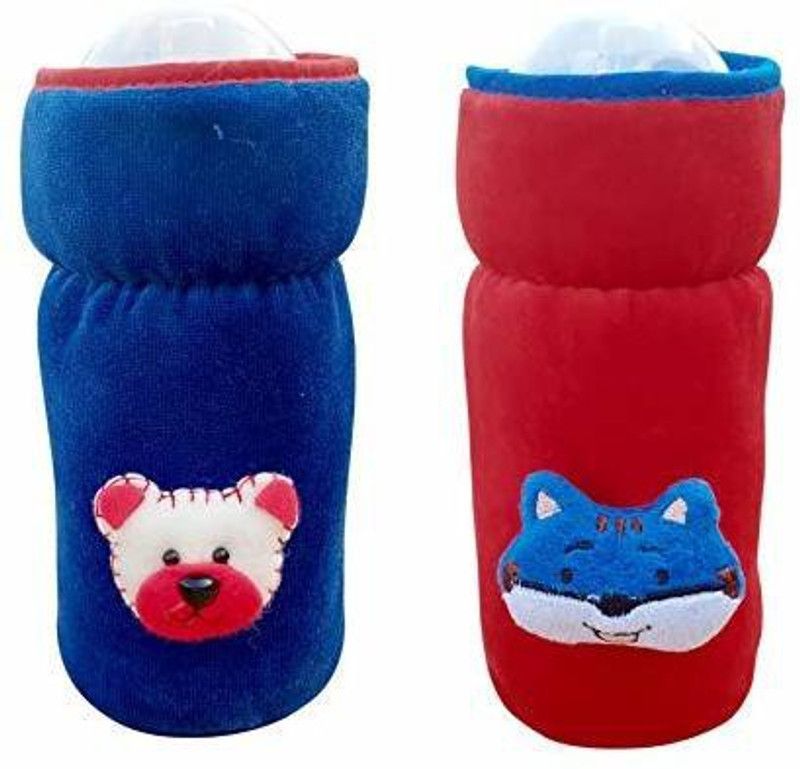 Crystal zone New Born Baby Soft Velvet Bottle Cover Teddy face_250 ml_Green,Pink (Blue,red)  (Blue, Red)