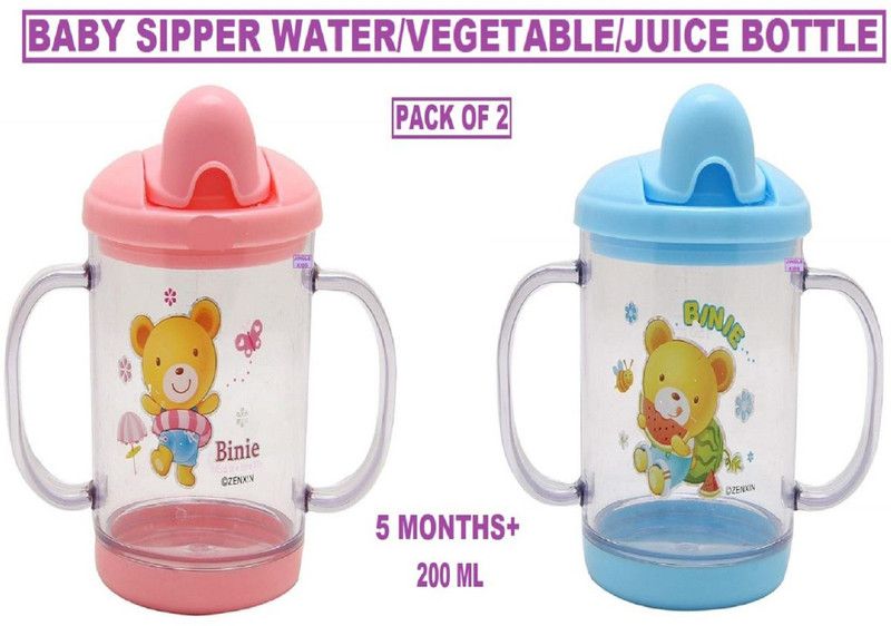 Jingle Kids Pack of 2 Premium Quality Unbreakable Plastic Baby Sippy Bottle/Cup/Mug Water/Juice Training Sipper 200ML With Twin Handles Dust Free For Babies/Infants/New Borns(5 Months+)(B,P)  (BLUE,PINK)