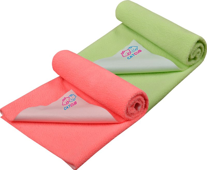 CATCUB Fleece Baby Bed Protecting Mat  (Green, Peach, Medium, Pack of 2)