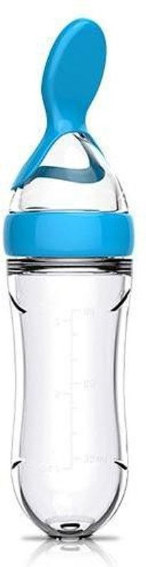 Mojo Galerie BPA Free Squeeze Silicone Bottle Feeder with Dispensing Spoon for Babies- Blue - Silicon  (Blue)