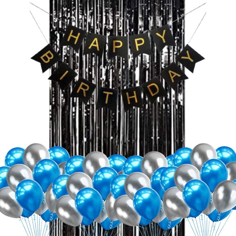 B4 Birthday Party Decoration Kit Black Happy Birthday Banner, 30 Metallic Blue, Silver Decoration Balloons 1 Black Shining Fringe Curtain  (Set of 32)