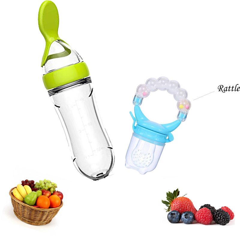 Mojo Galerie Feeding Combo Pack Self-Soothing Blue Rattle Fruit & Green Spoon Feeder - Silicon  (Green - Blue Rattle)
