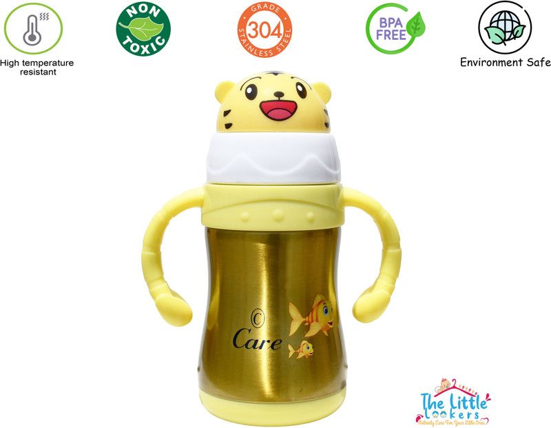 The Little Lookers Stainless Steel Sipper School Water Bottle with Straw for Kids/children (280ml)  (Yellow)