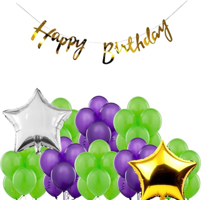 B4 Birthday Combo Gold Bunting + 30 Light Green+Purple Balloon +2 Gold,Silver Star  (Set of 33)