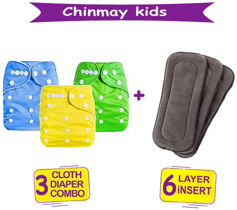 Chinmay Kids Combo of Quirk Reusable Baby Washable Cloth Diaper Nappy with 6 Layered Baby Inserts Pad (Set of 3) (Multi- Color)