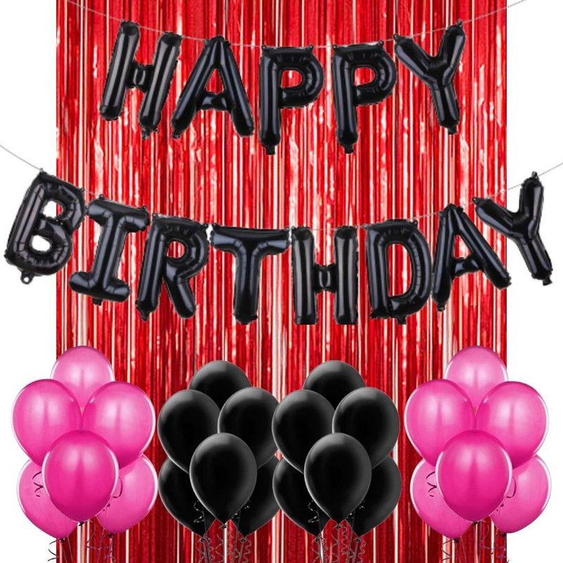 B4 Birthday Decoration 13 Letter Black Foil Balloon, 20 Black Metallic Pink Party Balloons 1 Red curtain for DIY Decoration  (Set of 35)