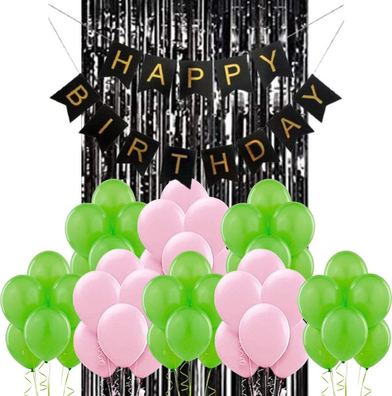 B4 Birthday Party Decoration Kit Black Happy Birthday Banner, 30 Light Green, Baby Pink Decoration Balloons 1 Black Shining Fringe Curtain  (Set of 32)