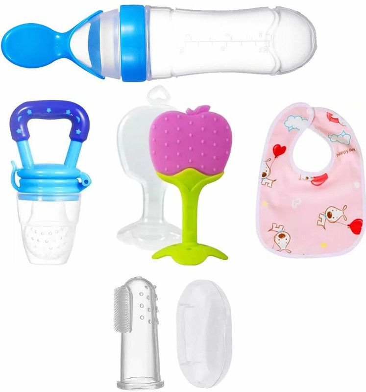 Smiley mia Baby fruit nibbler, teether, finger brush, bib & spoon feeder for feeding Teether and Feeder  (Multicolor)