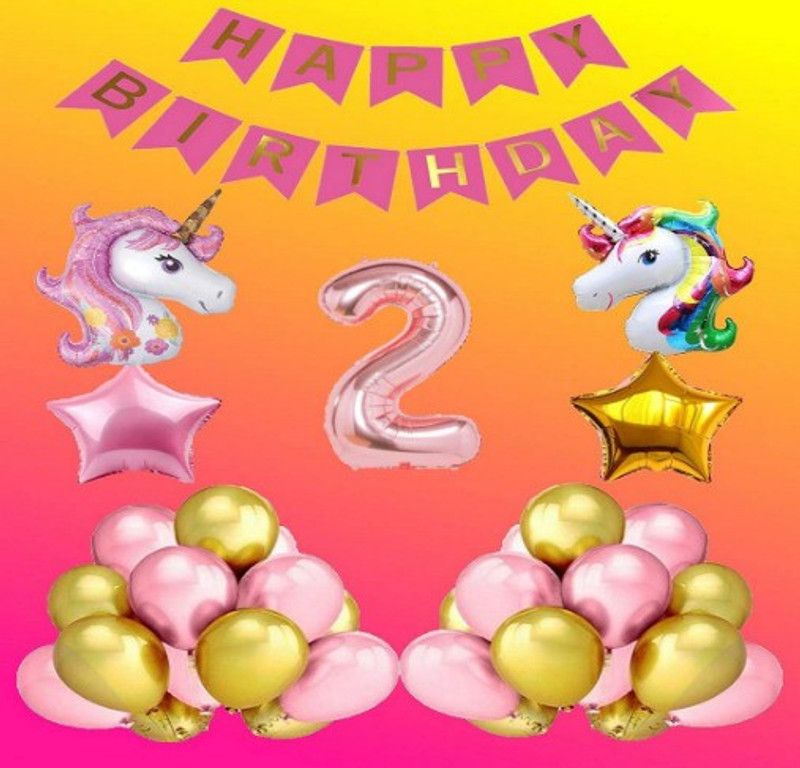 Bloomsevent 2 Number Foil Balloon with Happy Birthday Pink Banner & Unicorn Shape Balloons  (Set of 36)
