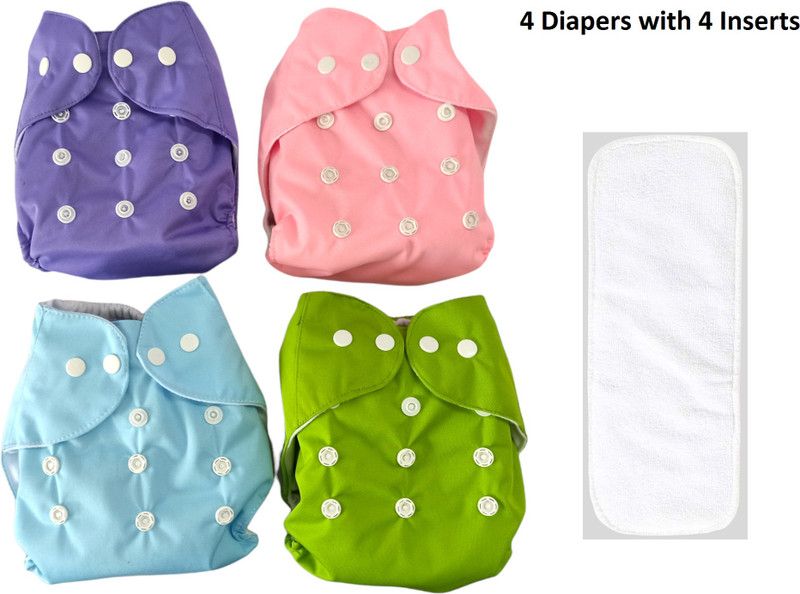 Hokista Reusable and Washable Cloth Baby Diaper with White Insert(P+SB+G+PI)(Pack of 4)