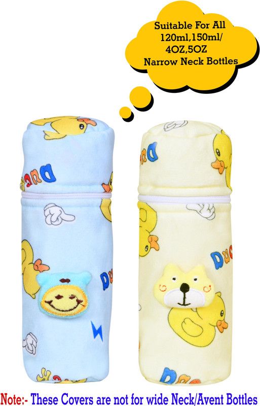 The Little Lookers Soft Plush Stretchable Baby Feeding Bottle Cover with Easy to Hold Strap and Zip | Suitable for 120ml & 150ml Feeding Bottles| Overall Print Pack of 2 (Yellow & Blue, Zip Closure 120ml,150ml/4OZ,5OZ)  (Yellow, Blue)