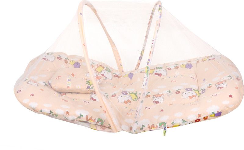 BABY ZONE Fibre Infants Washable Cotton Bedding Set With Mosquito Net Cartoon and Floral Printing Mosquito Net  (Peach, Bed Box)