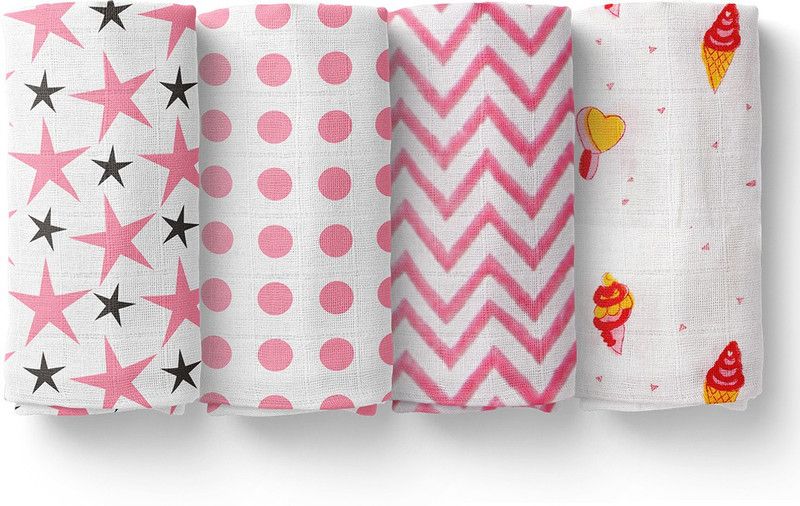 Mom's Home Printed Crib Swaddling Baby Blanket for AC Room  (Muslin, Pink)