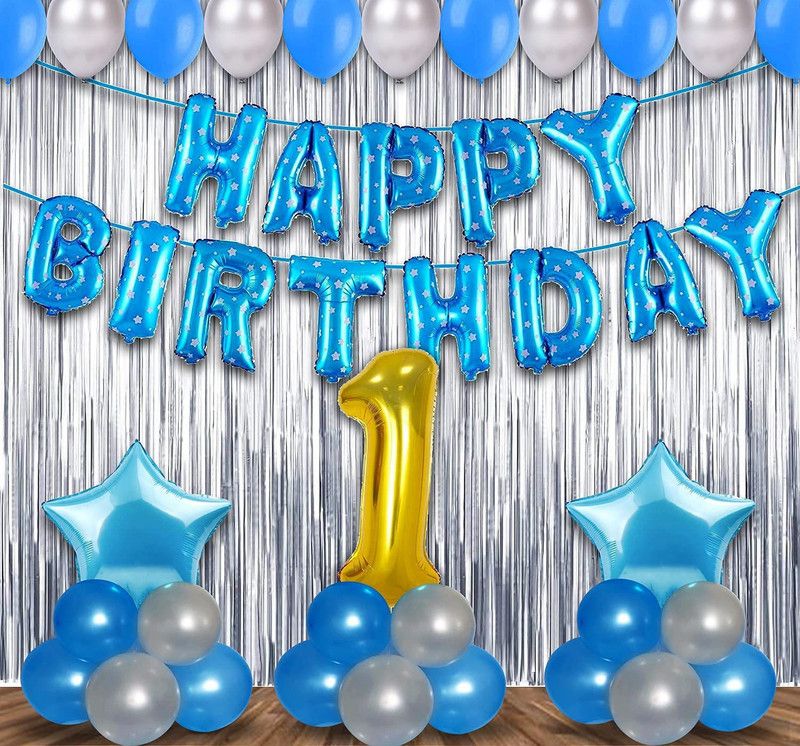 SHOPTIONS Birthday Decoration kit for 1st Birthday Boys-56Pcs with Foil Curtain / Bday Supplies Items with Blue HBD foil Balloon, Number Foil Baloons/1st Birth Day Props for Kids, Baby/Newborn Gifts Set  (Set of 56)