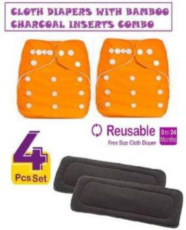 CHARMING STARS Adjustable Size Reusable Baby Pocket Cloth Diapers With Charcoal Color Inserts Combo Pack (2 orange Diaper + 2 Insert)