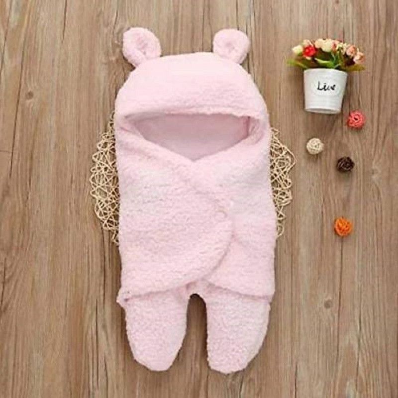 LittleFly Self Design Single Hooded Baby Blanket for Mild Winter  (Polyester, Pink)