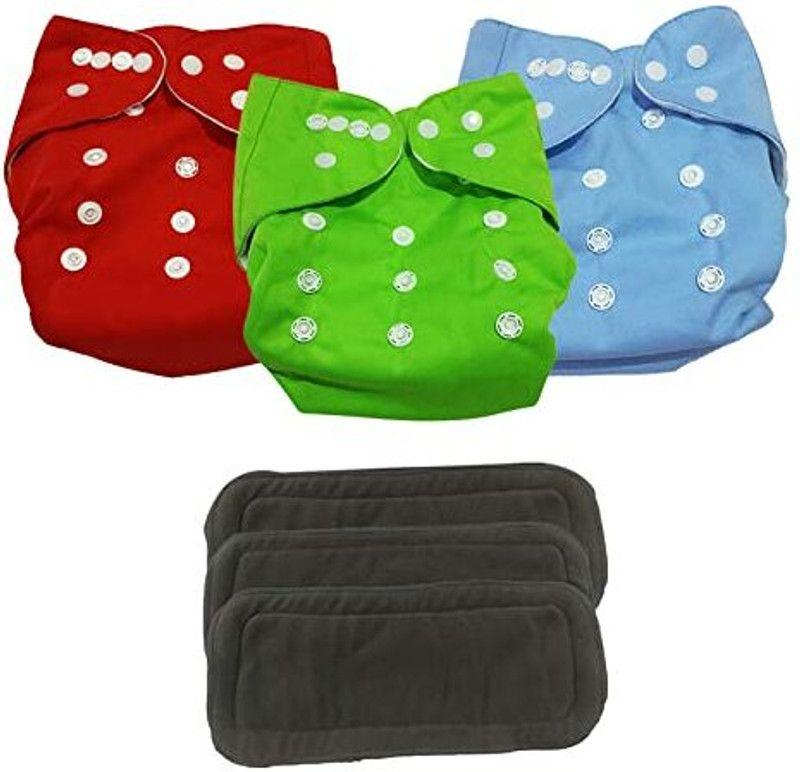 AngelicDecore Cloth Diaper Nappies with 5 Layered Baby Insert Pads (Set of 3)(Red-Blue-Green) - M - L  (3 Pieces)