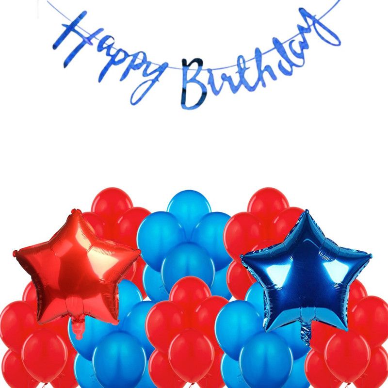 B4 Birthday Combo Blue Bunting + 30 Red+Blue Balloon +2 Red,Blue Star  (Set of 33)