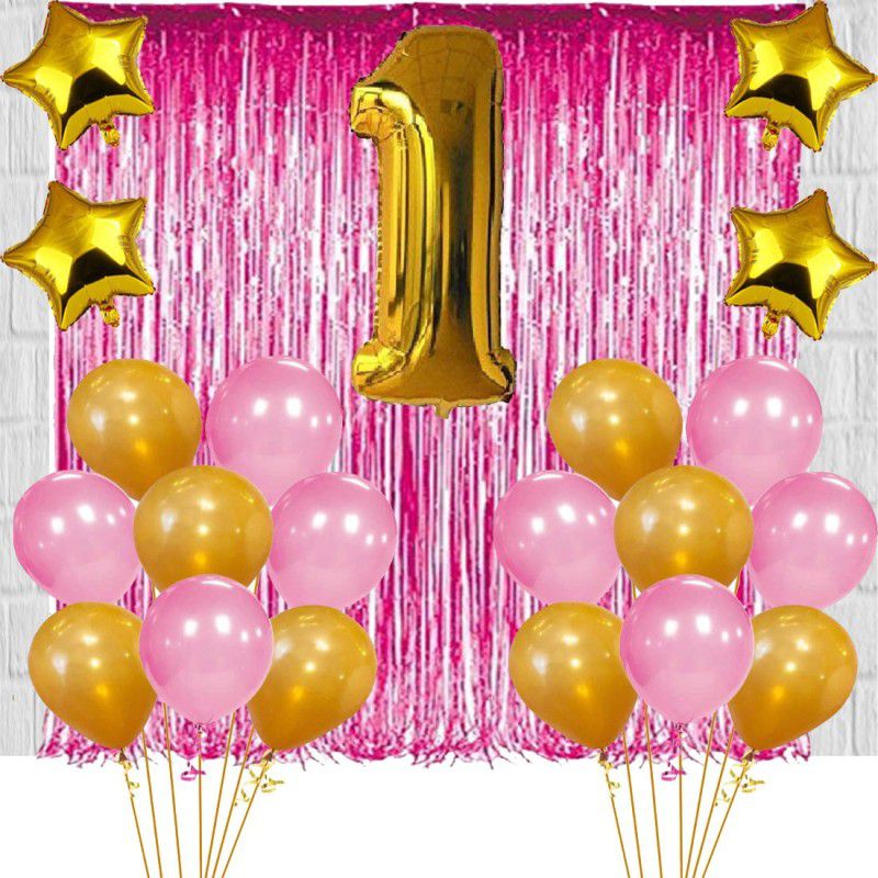Acril 1ST Birthday Baby Girl/Boy Decoration Combo. Foil curtain Pink (2pc) Number Foil Balloon(1pc) and Gold & Pink Metallic Balloons (50pc) Gold Star(4pc) Set of 57Pcs  (Set of 57)