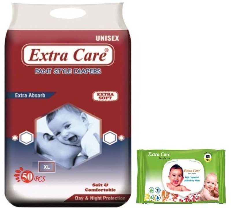 Extra Care Premium Pant Diaper XL size 50 piece + Baby Wipes (80 wipes) 14 kg & above - XL  (50 Pieces)