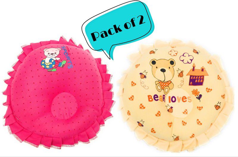 The Little Lookers Polyester Fibre Round & Frilled Baby Pillow Pack of 2  (Pink & Cream)