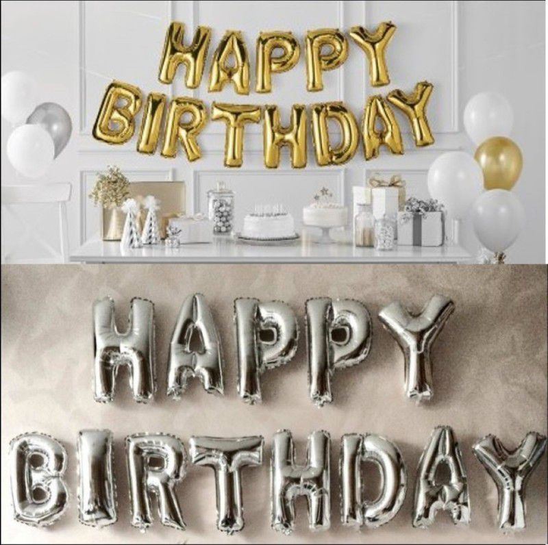 Banner Happy birthday ( 13 letter ) silver foil with 13 letter gold foil for birthday decoration foil  (Set of 2)