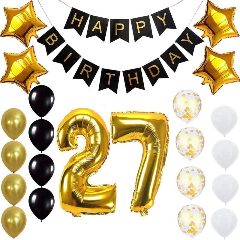 PopTheParty Gold 27th Birthday Decoration Kit With Banner ,Star Latex and confetti Balloon  (Set of 23)