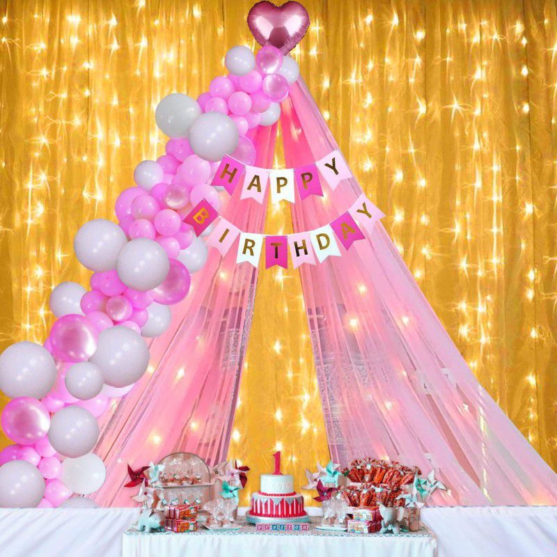 1iAM Cabana Tent Birthday Decoration Package Pink Net and Pink - White Balloons  (Set of 45)