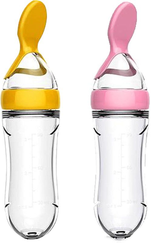 Mojo Galerie BPA Free Squeez Silicon Feeder with Dispenser Spoon for Baby- Pink & Yellow - Silicon  (Pink - Yellow)