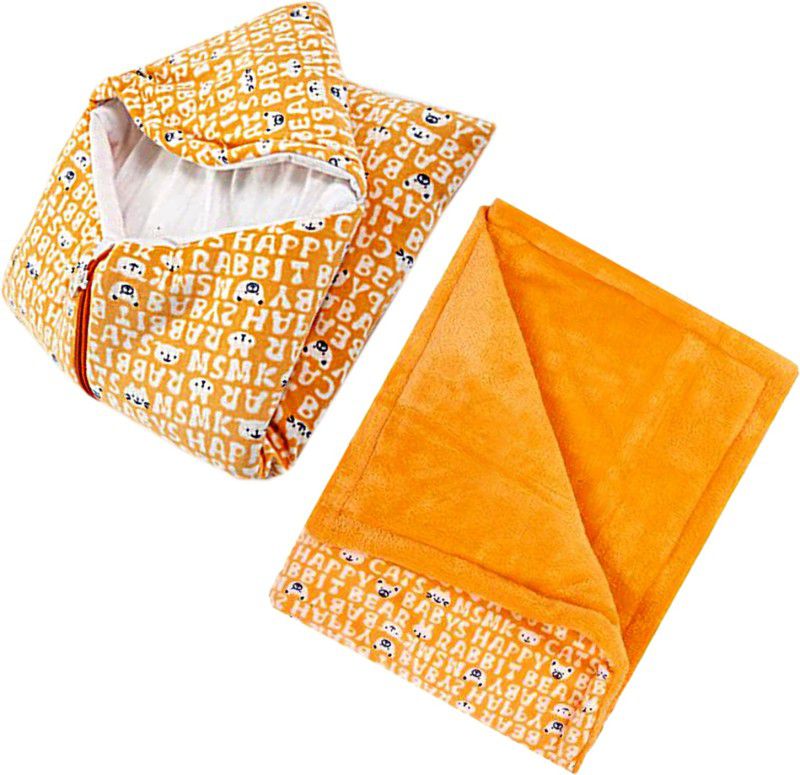 BABY ZONE Text Print Single Hooded Baby Blanket for AC Room  (Microfiber, Orange)