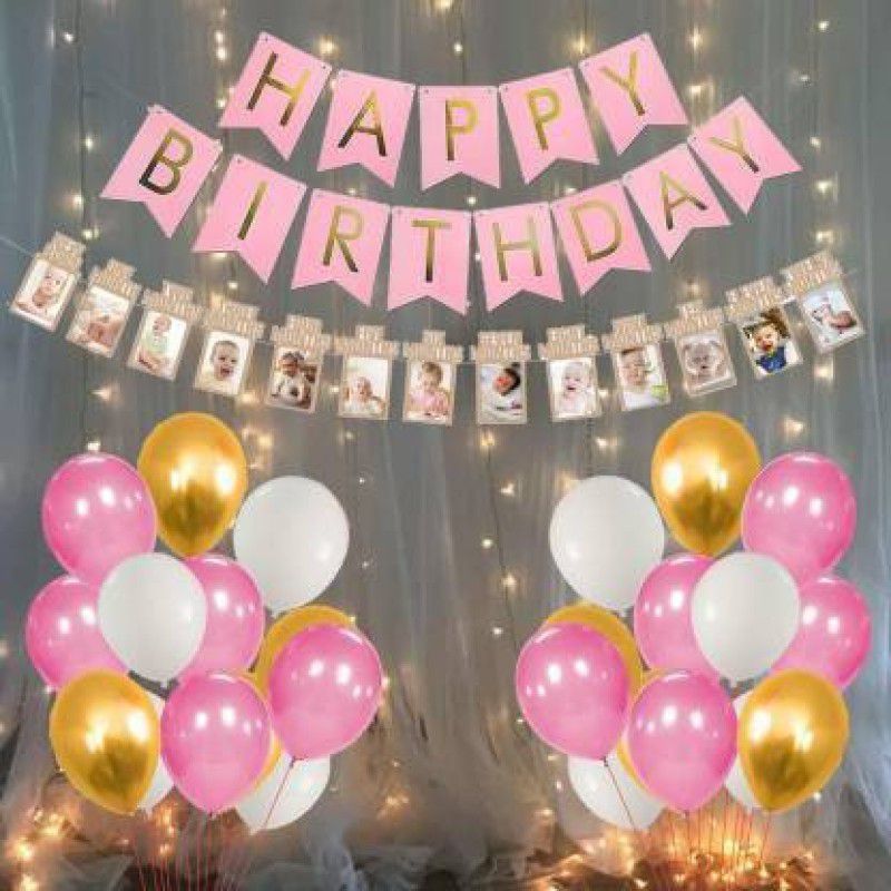 Hemito 1st Birthday Decoration for Baby Girl with Warm Led Light Set Happy Birthday Banner 1-12 Month Milestone Banner and Metallic Balloons Combo 33Pcs for Girls Mom/Happy Birthday Decorations Items Set Balloon  (Set of 33)