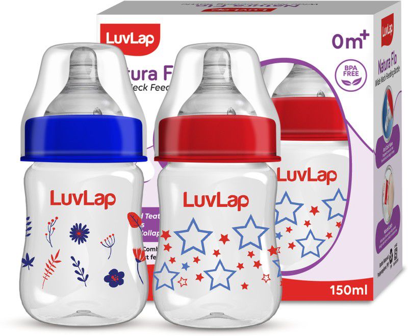 LuvLap Anti-Colic Wide Neck Natura Flo Baby Feeding Bottle, Floral & Stars, BPA Free - 300 ml  (Red & Blue)