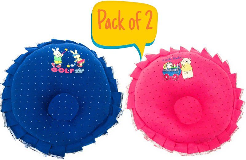 The Little Lookers Polyester Fibre Round & Frilled Baby Pillow Pack of 2  (Pink & Navy Blue)