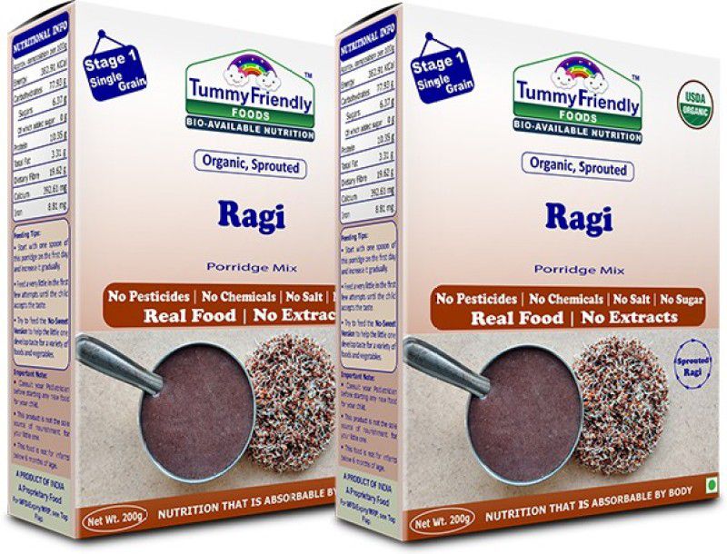 TummyFriendly Foods USDA Certified Organic Sprouted Ragi Porridge Mix , Made of Organic Sprouted Ragi for Baby, Rich in Calcium, Iron, Fibre & Micro-Nutrients ,200g Each, 2 Packs Cereal  (400 g, Pack of 2, 6+ Months)