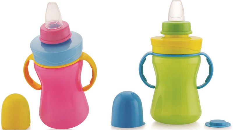 Nabhya Combo of 2 Plastic BPA Free Material Spout Sipper for Infant/Toddler Anti-Spill Sippy Cup with Soft Silicone Spout-330 ML  (Pink, Green)