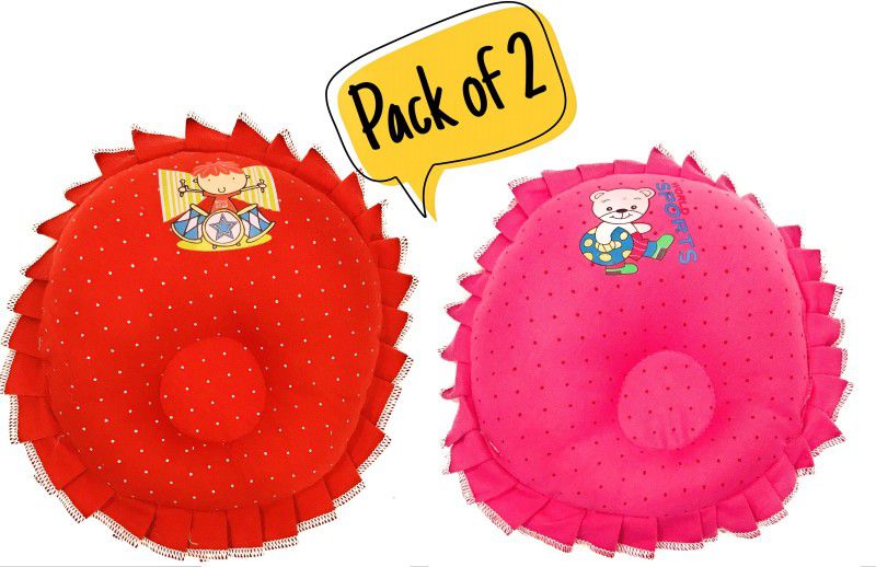 The Little Lookers Polyester Fibre Round & Frilled Baby Pillow Pack of 2  (Pink, Red)