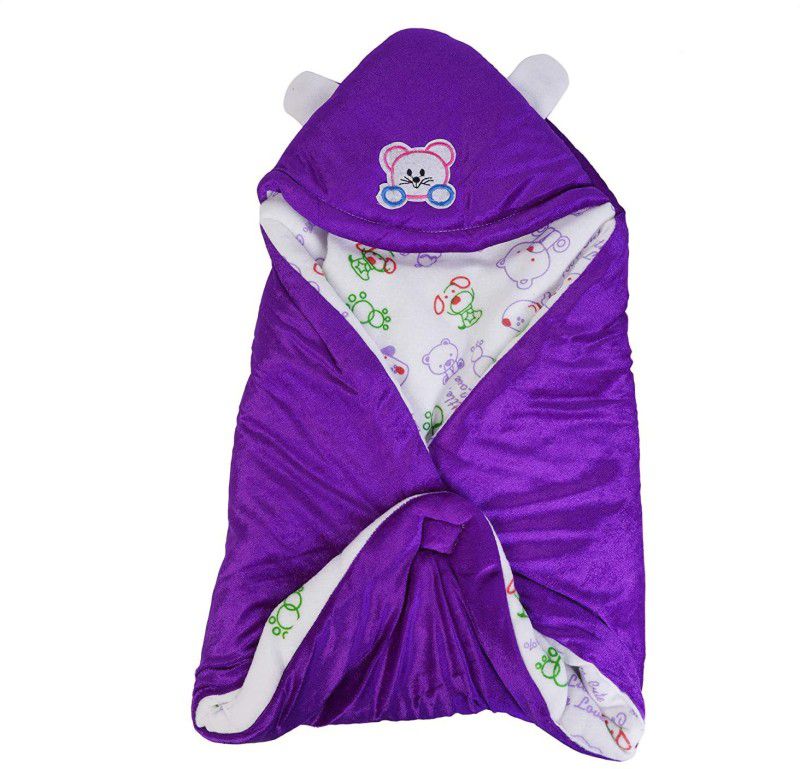 Da Anushi Printed Single Hooded Baby Blanket for Mild Winter  (Woollen Blend, Purple)