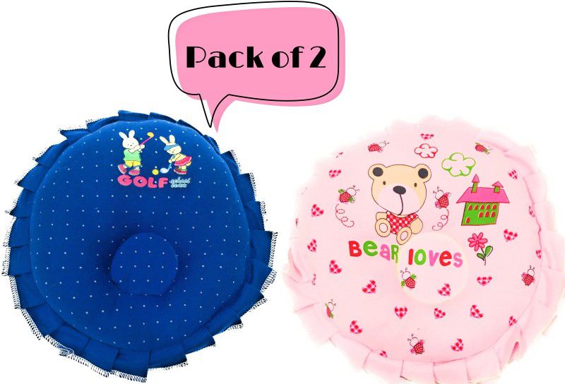 The Little Lookers Polyester Fibre Round & Frilled Baby Pillow Pack of 2  (Navy Blue & Baby Pink)